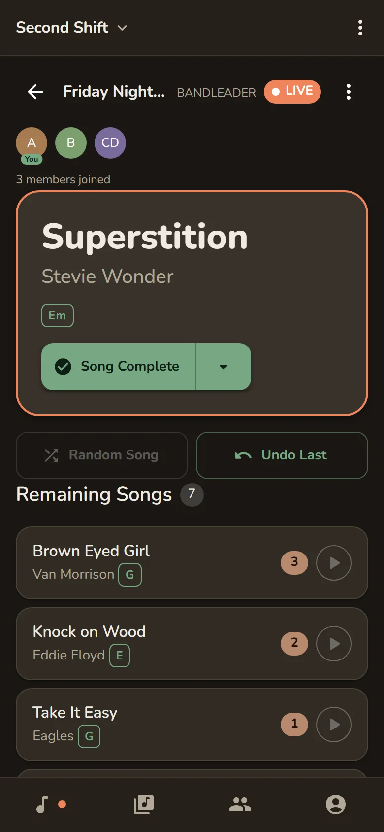 Jam Session live session showing Superstition playing and a queue of suggested songs