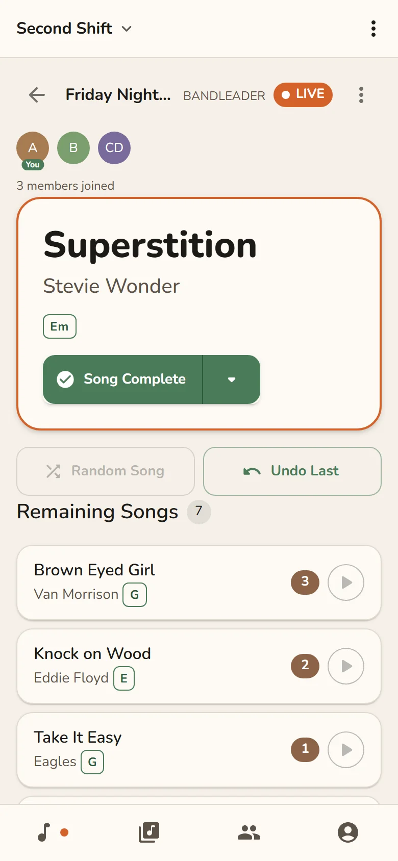 Jam Session live session showing Superstition playing and a queue of suggested songs