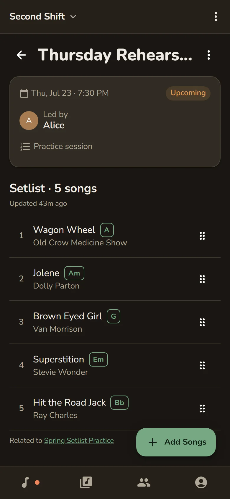 Jam Session practice setlist with five songs planned in order