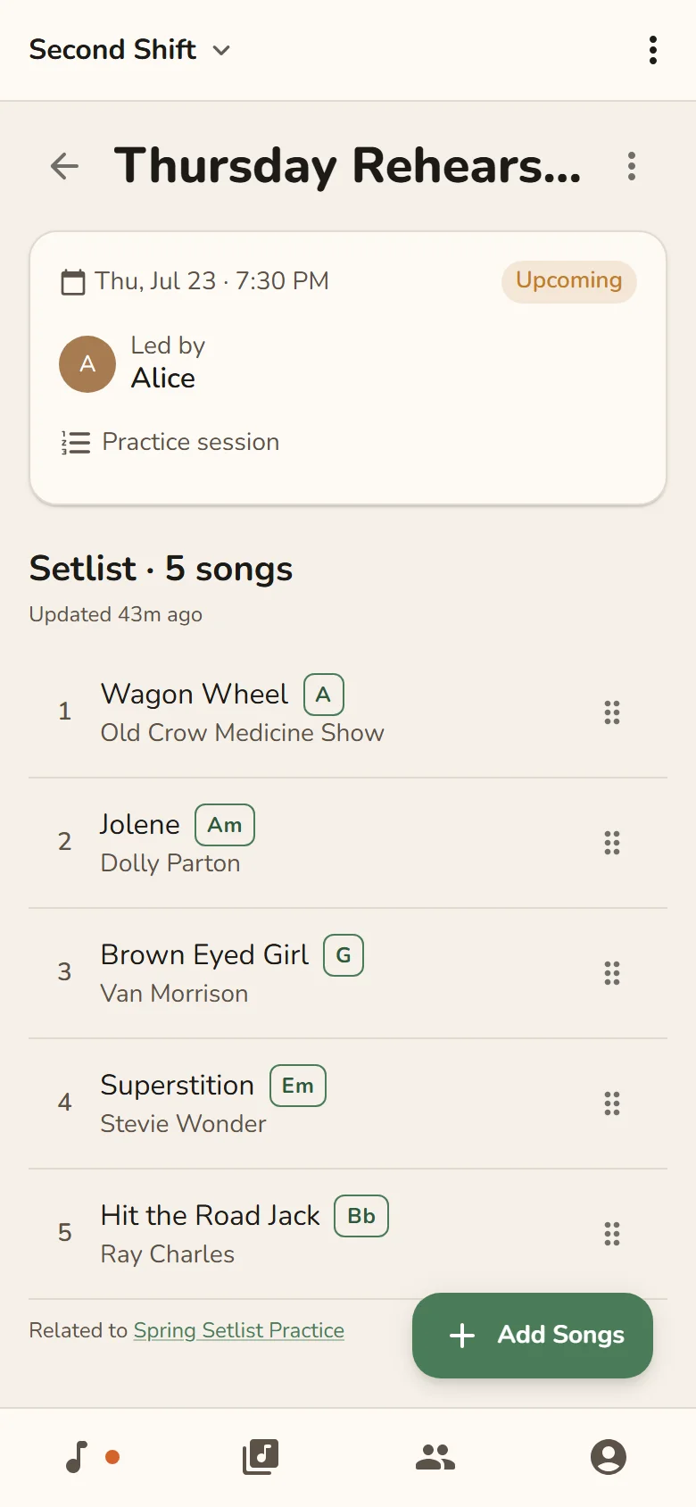 Jam Session practice setlist with five songs planned in order