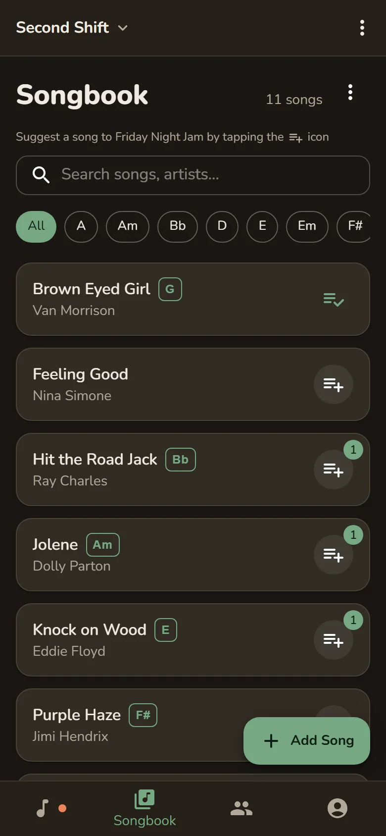 Jam Session songbook with searchable song list, keys, and suggestion counts