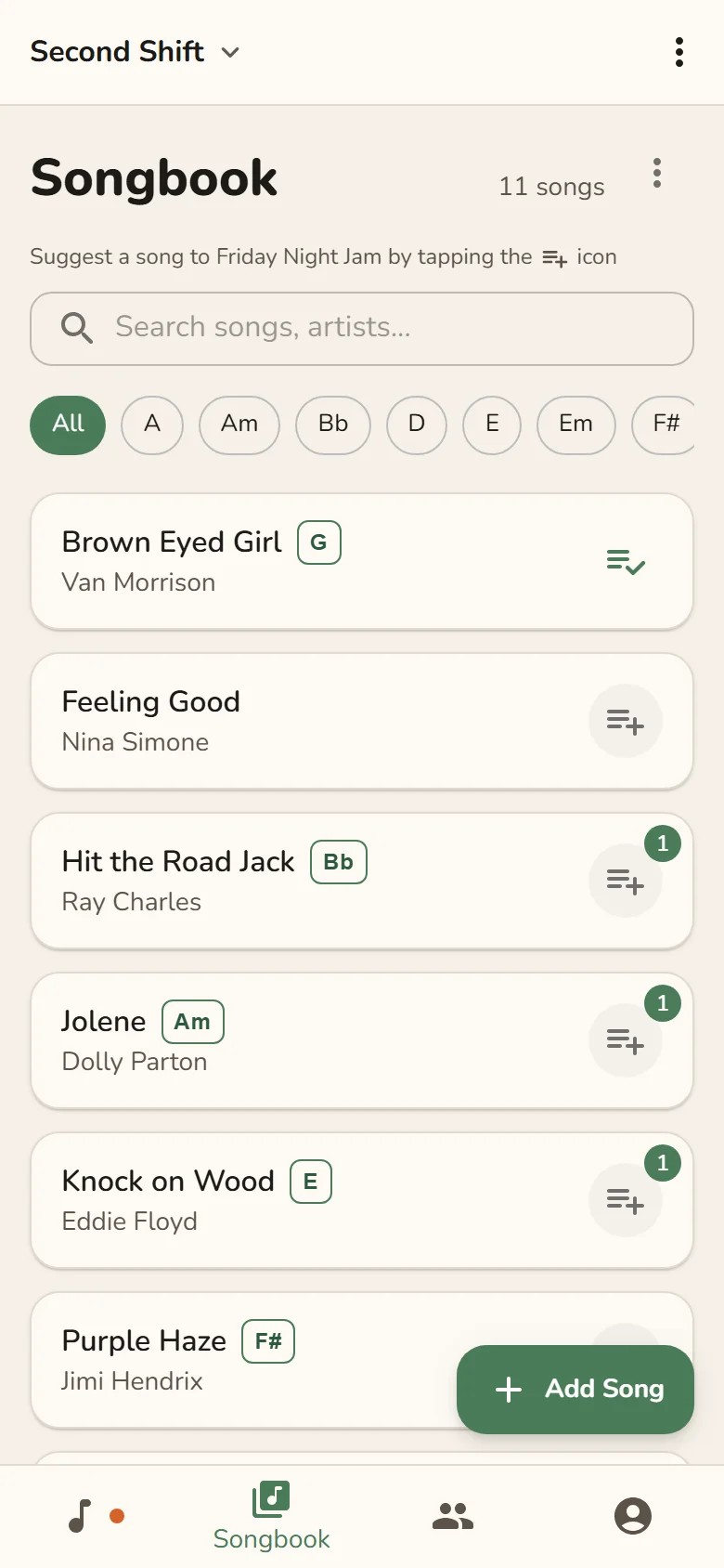 Jam Session songbook with searchable song list, keys, and suggestion counts